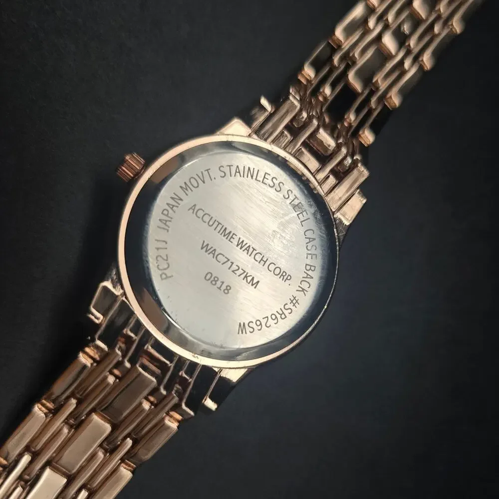 Women's Accutime Rose Gold Tone Quartz Watch‎ Rhinestone Flowers WORKS